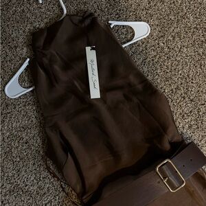 Mockneck Brown Satin Dress with Belt